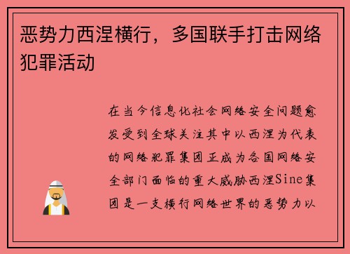 恶势力西涅横行，多国联手打击网络犯罪活动